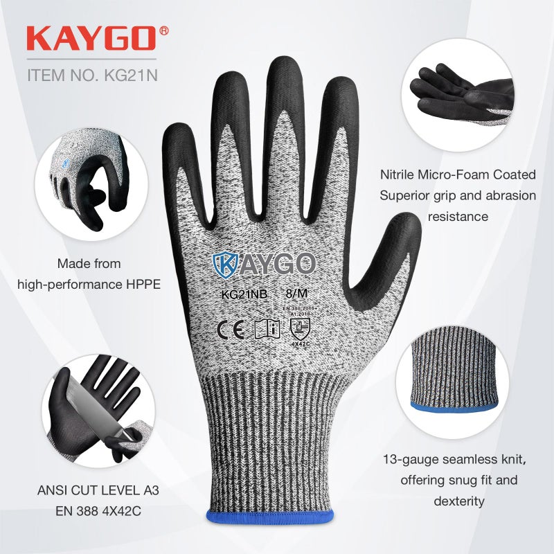 KAYGO 2 Pairs A3 Cut Resistant Gloves for Men and Women, ANSI Cut Level A3 Nitrile Micro-Foam Safety Gloves KG21NB, Durable, Ideal for Wood Carving, Glass Handling, Construction, Fishing, XXL, Grey - Image 2